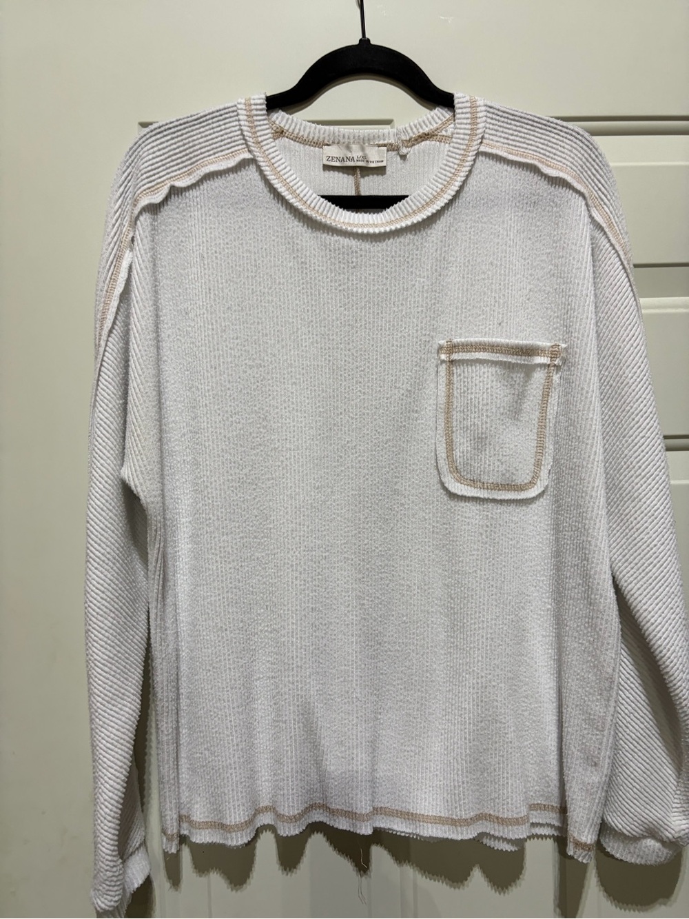 Zenana Ivory Knit Sweater with tan Contrast Trim